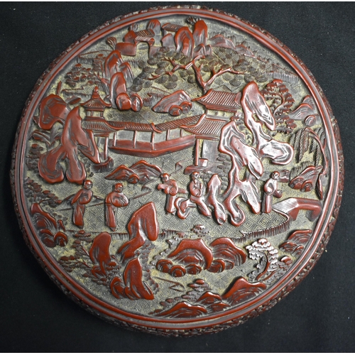 44 - A FINE LARGE 19TH CENTURY CHINESE CARVED CINNABAR LACQUER CIRCULAR BOX AND COVER decorated all over ... 