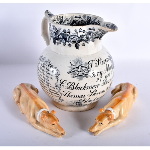 452 - A LARGE EARLY 19TH CENTURY ENGLISH POTTERY MARRIAGE JUG together with a pair of recumbent porcelain ... 