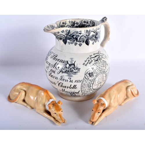 452 - A LARGE EARLY 19TH CENTURY ENGLISH POTTERY MARRIAGE JUG together with a pair of recumbent porcelain ... 