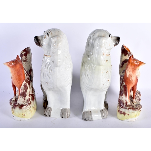 453 - A PAIR OF 19TH CENTURY STAFFORDSHIRE FOXES together with a similar pair of spaniels. Largest 32 cm x... 