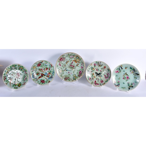 455 - FIVE 19TH CENTURY CHINESE CANTON FMAILLE ROSE CELADON DISHES Qing. Largest 22 cm diameter. (5)