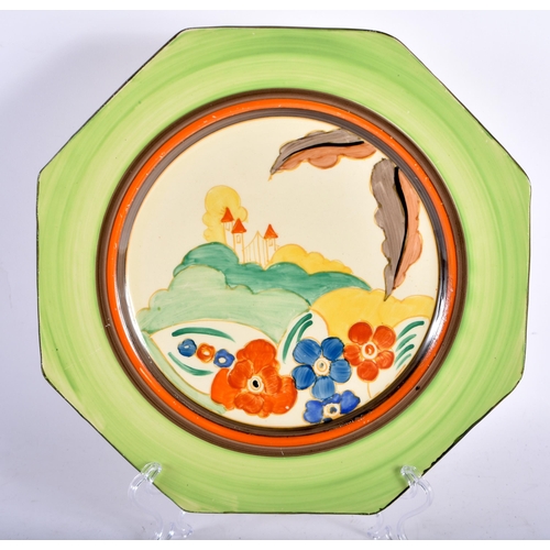 456 - AN ART DECO CLARICE CLIFF FANTASQUE BIZARRE POTTERY PLATE. 23.5 cm wide.