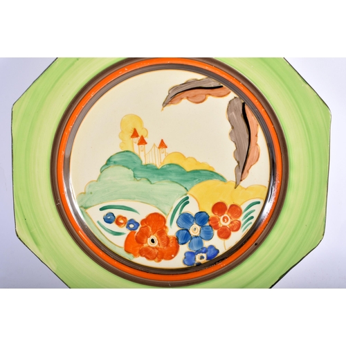 456 - AN ART DECO CLARICE CLIFF FANTASQUE BIZARRE POTTERY PLATE. 23.5 cm wide.