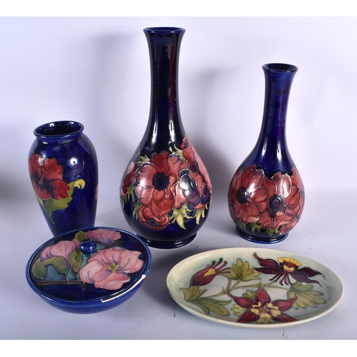 459 - THREE LARGE MOORCROFT VASES together with a bowl & cover & dish. Largest 32 cm high. (5)