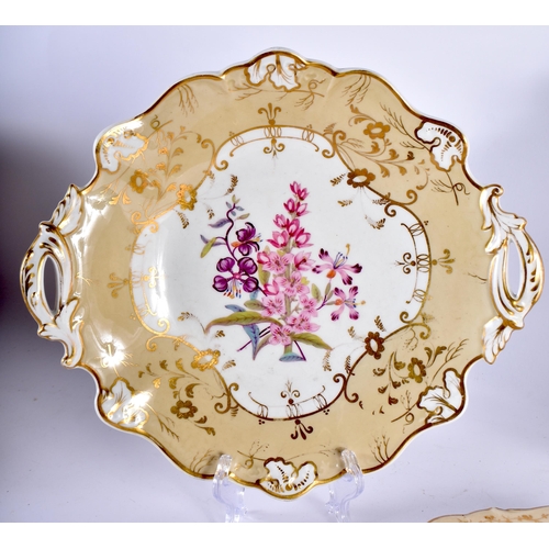 462 - FIVE EARLY 19TH CENTURY CONTINENTAL PORCELAIN DISHES painted with flowers on a light brown ground. L... 