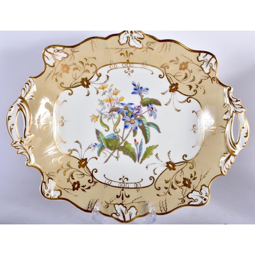 462 - FIVE EARLY 19TH CENTURY CONTINENTAL PORCELAIN DISHES painted with flowers on a light brown ground. L... 