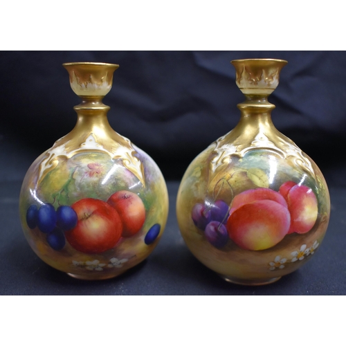 48 - A PAIR OF ROYAL WORCESTER FRUIT PAINTED PORCELAIN VASES by Moseley & Townsend. 13 cm x 8 cm.