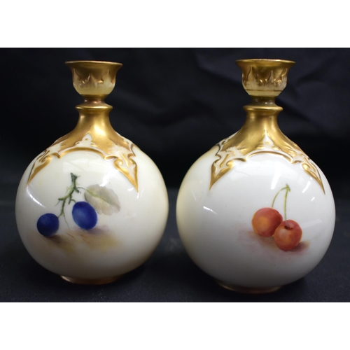 48 - A PAIR OF ROYAL WORCESTER FRUIT PAINTED PORCELAIN VASES by Moseley & Townsend. 13 cm x 8 cm.