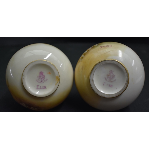 48 - A PAIR OF ROYAL WORCESTER FRUIT PAINTED PORCELAIN VASES by Moseley & Townsend. 13 cm x 8 cm.