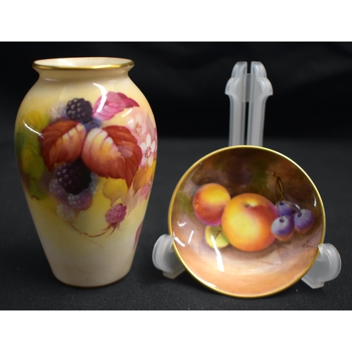 49 - A ROYAL WORCESTER PORCELAIN VASE by Kitty Blake, together with a smaller fruit painted pin dish. Lar... 