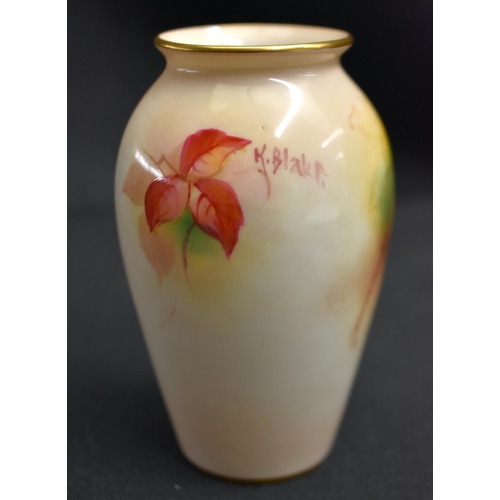 49 - A ROYAL WORCESTER PORCELAIN VASE by Kitty Blake, together with a smaller fruit painted pin dish. Lar... 