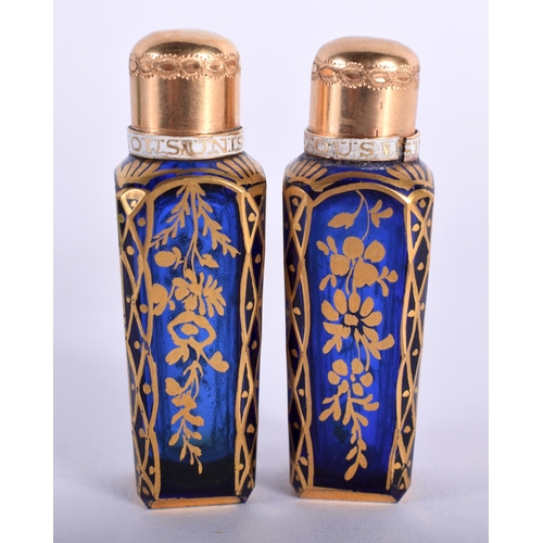 50E - A RARE PAIR OF 18TH CENTURY PAINTED GLASS SCENT BOTTLES within original shagreen case, the Bristol b... 