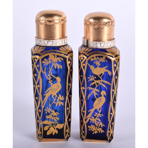 50E - A RARE PAIR OF 18TH CENTURY PAINTED GLASS SCENT BOTTLES within original shagreen case, the Bristol b... 