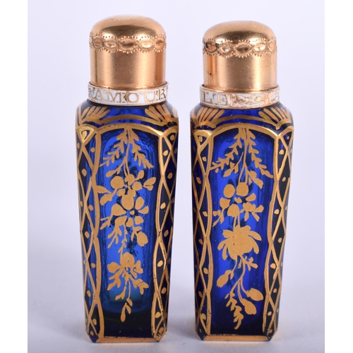 50E - A RARE PAIR OF 18TH CENTURY PAINTED GLASS SCENT BOTTLES within original shagreen case, the Bristol b... 