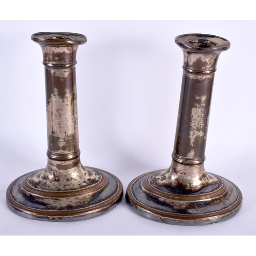 578 - A PAIR OF EARLY 19TH CENTURY OLD SHEFFIELD PLATE CANDLESTICKS together with a Regency silk work embr... 