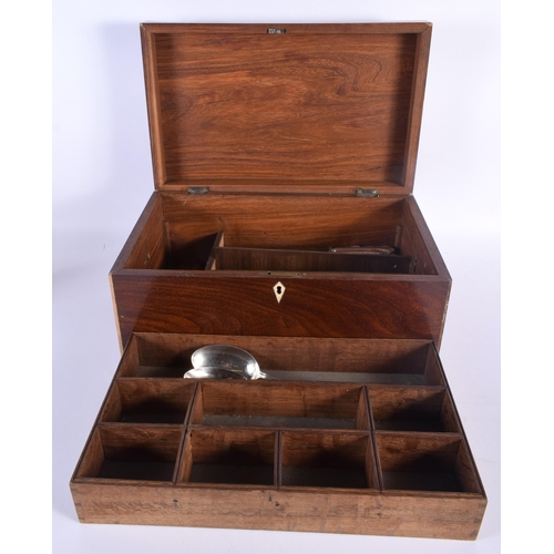 586 - AN EARLY VICTORIAN ROSEWOOD BOX containing flatware. Box 38 cm x 22 cm x 18 cm.