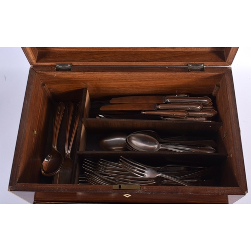 586 - AN EARLY VICTORIAN ROSEWOOD BOX containing flatware. Box 38 cm x 22 cm x 18 cm.