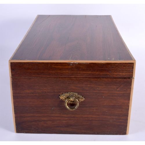 586 - AN EARLY VICTORIAN ROSEWOOD BOX containing flatware. Box 38 cm x 22 cm x 18 cm.