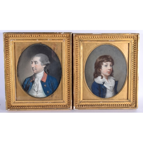 587 - English School (C1820) Pair, Pastels, Two males in blue attire. 34 cm x 28 cm.