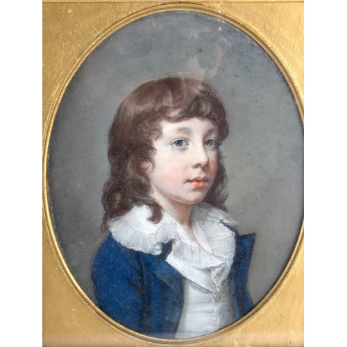 587 - English School (C1820) Pair, Pastels, Two males in blue attire. 34 cm x 28 cm.