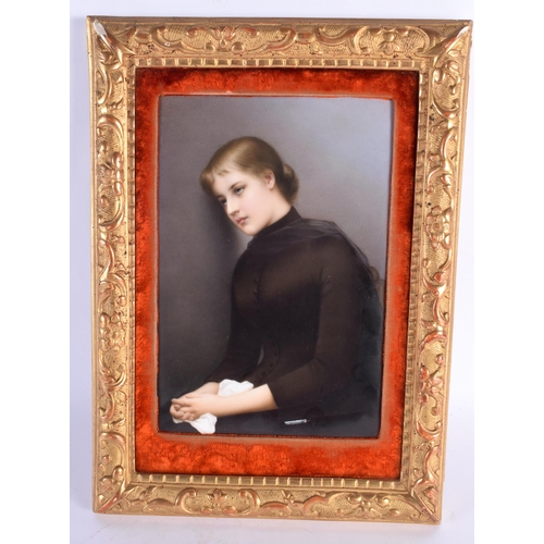 588 - A 19TH CENTURY GERMAN KPM BERLIN PORCELAIN PLAQUE painted with a female mourning within a landscape.... 