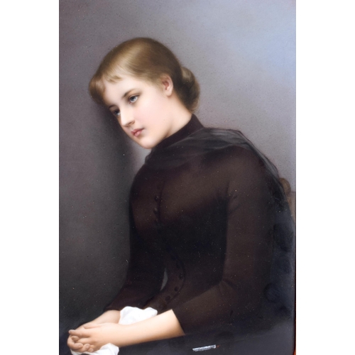 588 - A 19TH CENTURY GERMAN KPM BERLIN PORCELAIN PLAQUE painted with a female mourning within a landscape.... 