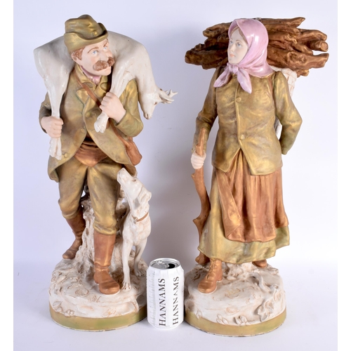 589 - A VERY LARGE PAIR OF AUSTRIAN ROYAL DUX BISQUE PORCELAIN FIGURES OF PEASANTS. 50 cm x 15 cm.