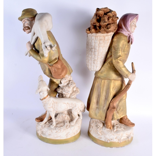 589 - A VERY LARGE PAIR OF AUSTRIAN ROYAL DUX BISQUE PORCELAIN FIGURES OF PEASANTS. 50 cm x 15 cm.