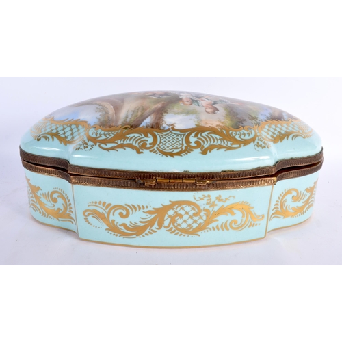 595 - A VERY LARGE EARLY 20TH CENTURY FRENCH SEVRES PORCELAIN OVAL LOBED CASKET painted with three figures... 