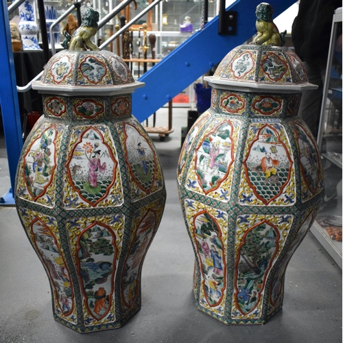 599 - A VERY LARGE PAIR OF CHINESE REPUBLICAN PERIOD COUNTRY HOUSE PORCELAIN VASES AND COVERS painted with... 