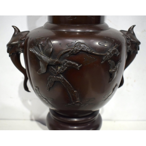 600 - A LARGE 19TH CENTURY JAPANESE MEIJI PERIOD BRONZE VASE decorated with birds. 58 cm x 20 cm.