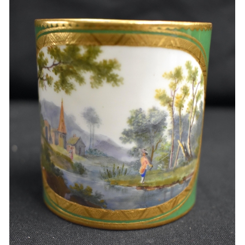 60 - AN 18TH CENTURY SEVRES PORCELAIN APPLE GREEN COFFEE CAN AND SAUCER painted with landscapes under a d... 