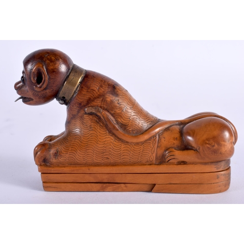 607 - A LOVELY 18TH CENTURY CARVED TREEN WOOD SNUFF BOX modelled as a seated hound with glass eyes and bra... 