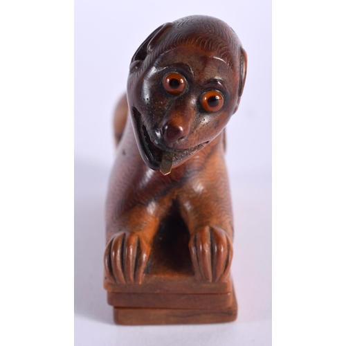 607 - A LOVELY 18TH CENTURY CARVED TREEN WOOD SNUFF BOX modelled as a seated hound with glass eyes and bra... 