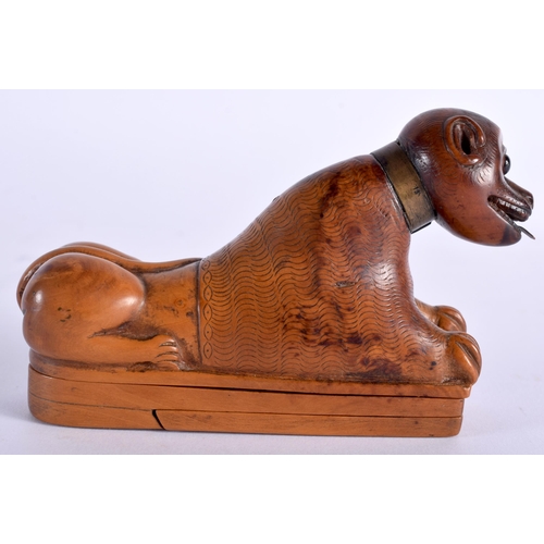 607 - A LOVELY 18TH CENTURY CARVED TREEN WOOD SNUFF BOX modelled as a seated hound with glass eyes and bra... 