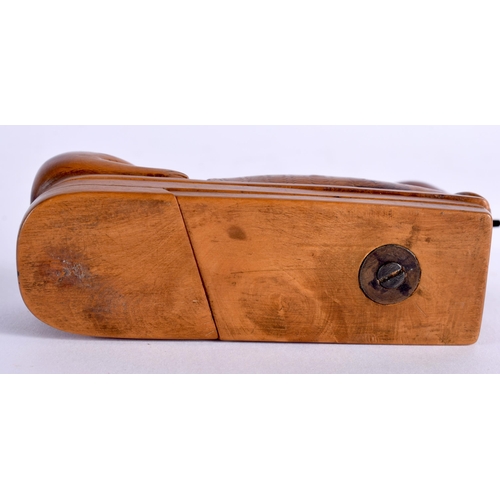 607 - A LOVELY 18TH CENTURY CARVED TREEN WOOD SNUFF BOX modelled as a seated hound with glass eyes and bra... 