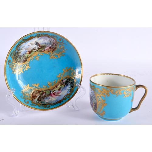 616 - AN 18TH CENTURY FRENCH SEVRES PORCELAIN CUP AND SAUCER beautifully painted with dead game within ric... 