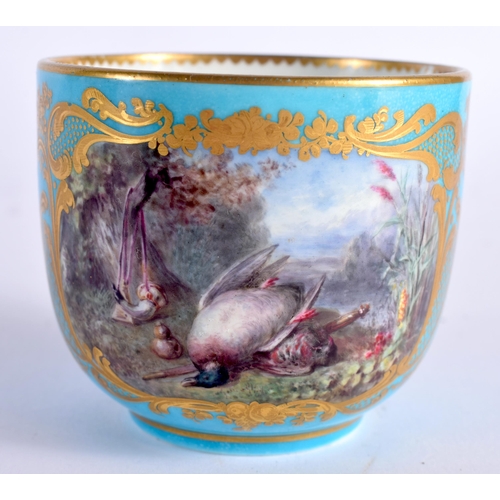 616 - AN 18TH CENTURY FRENCH SEVRES PORCELAIN CUP AND SAUCER beautifully painted with dead game within ric... 