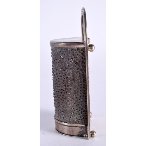 617 - A VERY UNUSUAL GEORGE III SILVER HANGING NUTMEG GRATER bearing makers mark CP GS. 73 grams. 9.5 cm x... 