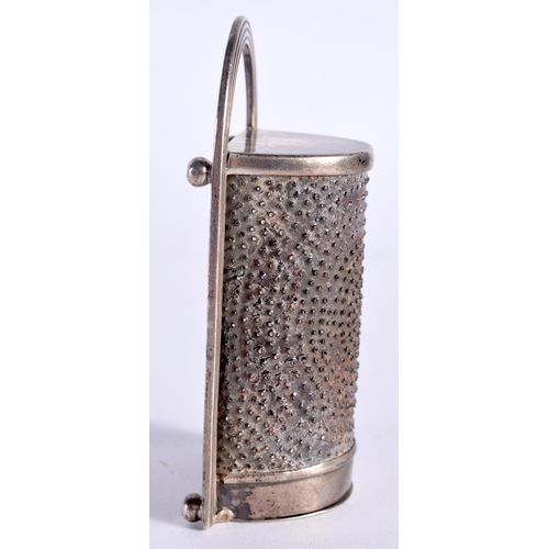 617 - A VERY UNUSUAL GEORGE III SILVER HANGING NUTMEG GRATER bearing makers mark CP GS. 73 grams. 9.5 cm x... 