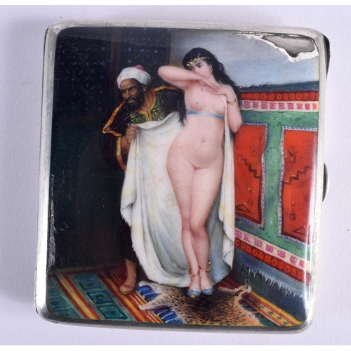 619 - AN ART DECO SILVER AND ENAMEL CIGARETTE CASE painted with a Middle Eastern male revealing a nude fem... 