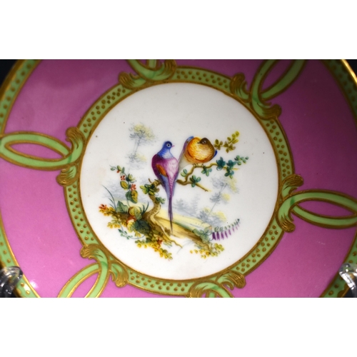 62 - AN 18TH CENTURY FRENCH SEVRES PORCELAIN TEACUP AND SAUCER painted with a brace of love birds within ... 