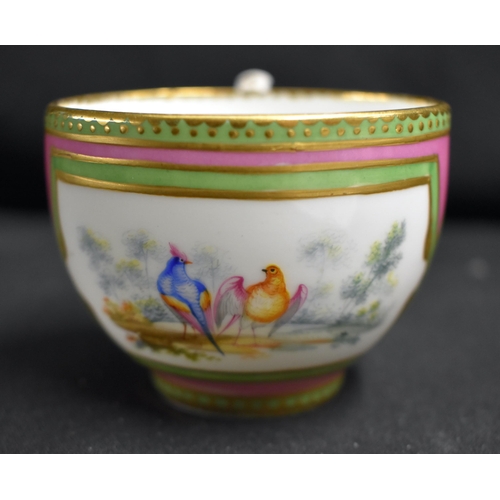 62 - AN 18TH CENTURY FRENCH SEVRES PORCELAIN TEACUP AND SAUCER painted with a brace of love birds within ... 