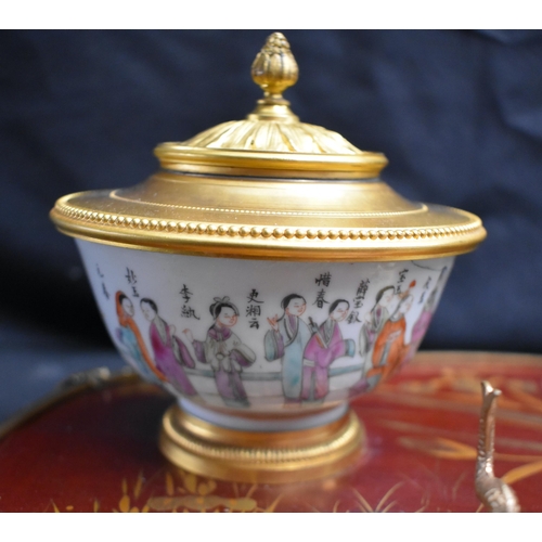 64 - A LOVELY EARLY 19TH CENTURY ORMOLU AND GOLD LACQUERED INKWELL DESK STAND with Chinese porcelain bowl... 