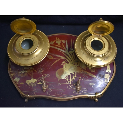 64 - A LOVELY EARLY 19TH CENTURY ORMOLU AND GOLD LACQUERED INKWELL DESK STAND with Chinese porcelain bowl... 