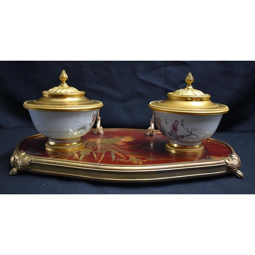 64 - A LOVELY EARLY 19TH CENTURY ORMOLU AND GOLD LACQUERED INKWELL DESK STAND with Chinese porcelain bowl... 