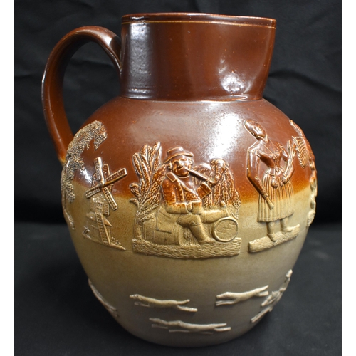 65 - A LARGE RARE EARLY 19TH CENTURY LONDON SALTGLAZED STONEWARE JUG C1830, depicting theatrical scenes o... 