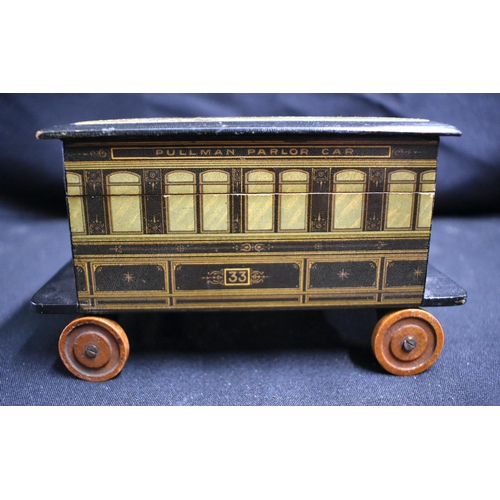 67 - A VERY RARE VICTORIAN BLACK LACQUERED PULLMAN PARLOR CAR COTTON BOX with felted fitted interior. 13 ... 