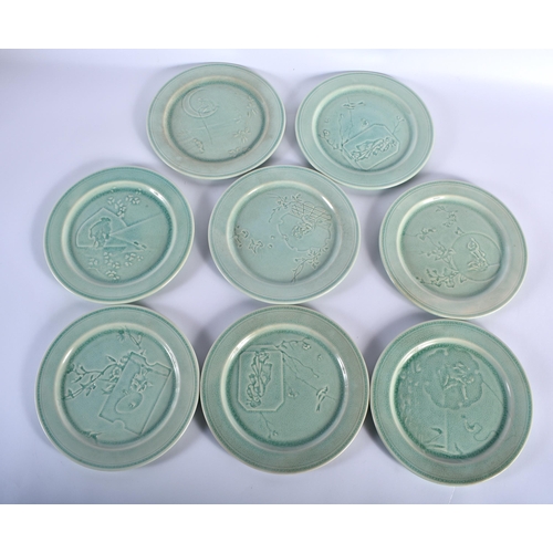 78 - FIVE ANTIQUE DOULTON BURSLEM PLATES together with a set of eight French Choisy Le Roy Celadon plates... 