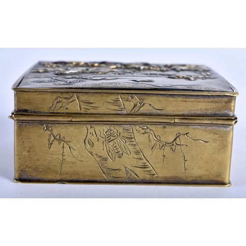 88 - A SMALL 19TH CENTURY JAPANESE MEIJI PERIOD SILVER AND GOLD ONLAID BRONZE BOX depicting birds in vari... 